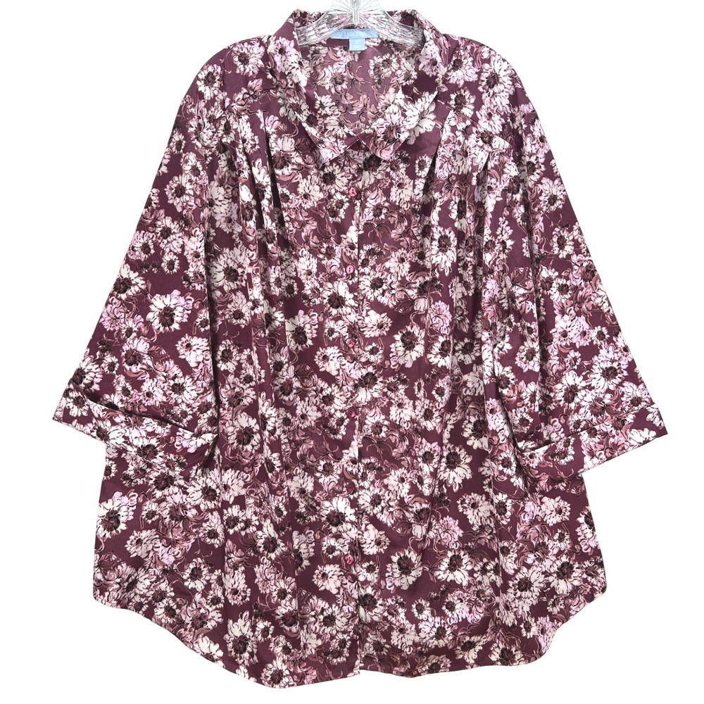 Only Necessities Womens 4X Plum Floral Button Front 3/4 Sleeve Blouse Top